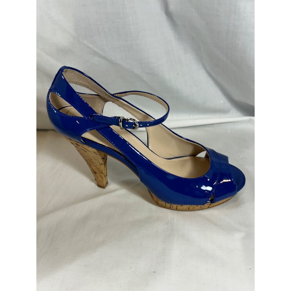 Franco Sarto Sulu Blue Patent Peep Toe Cork Heels Ankle Strap Shoes Women 8 - Picture 8 of 12